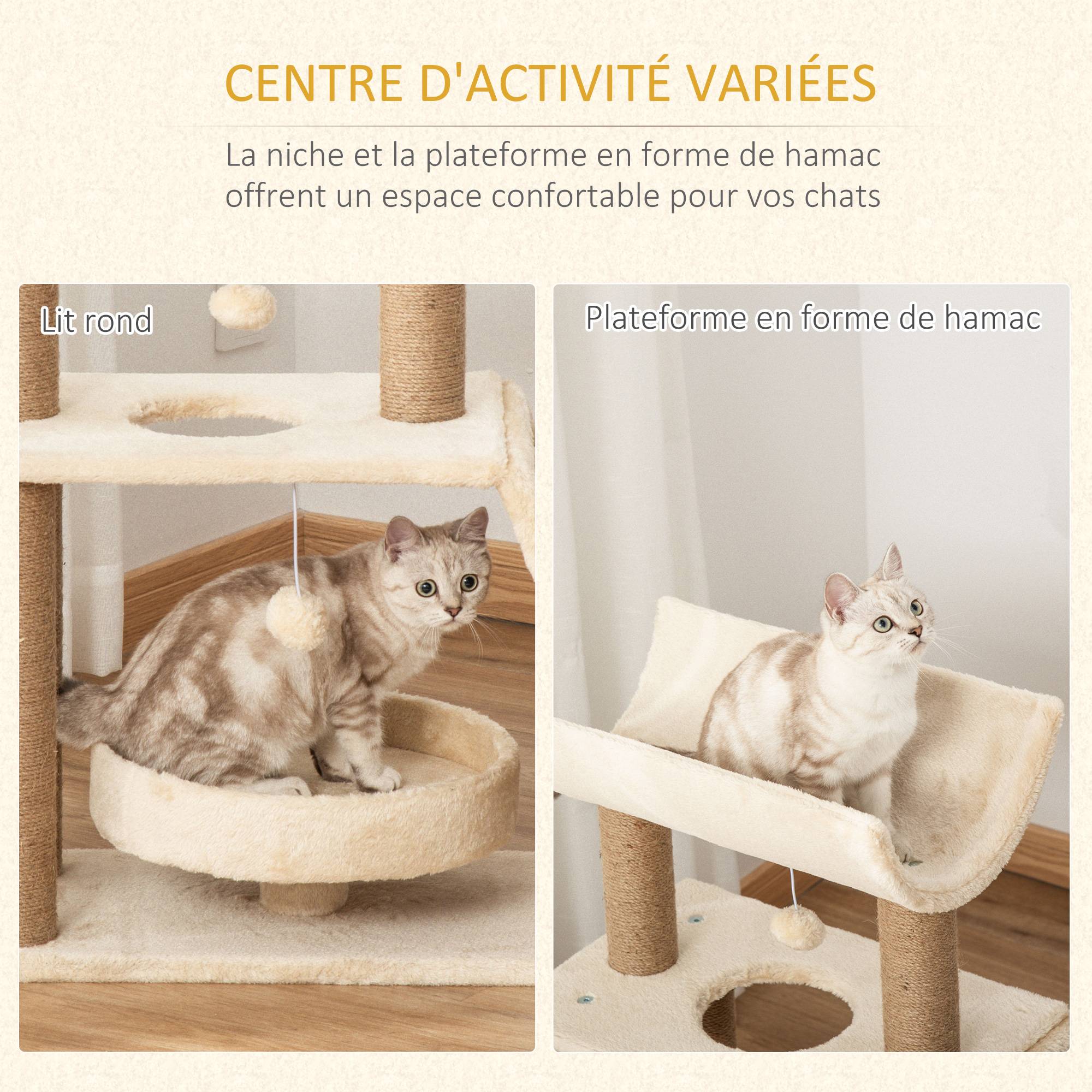 Pawhut - Arbre à chat griffoirs grattoir jeu boules suspendues plateformes ronde, rectangulaire et demi-cylindrique peluche jute naturelle beige - Image 5