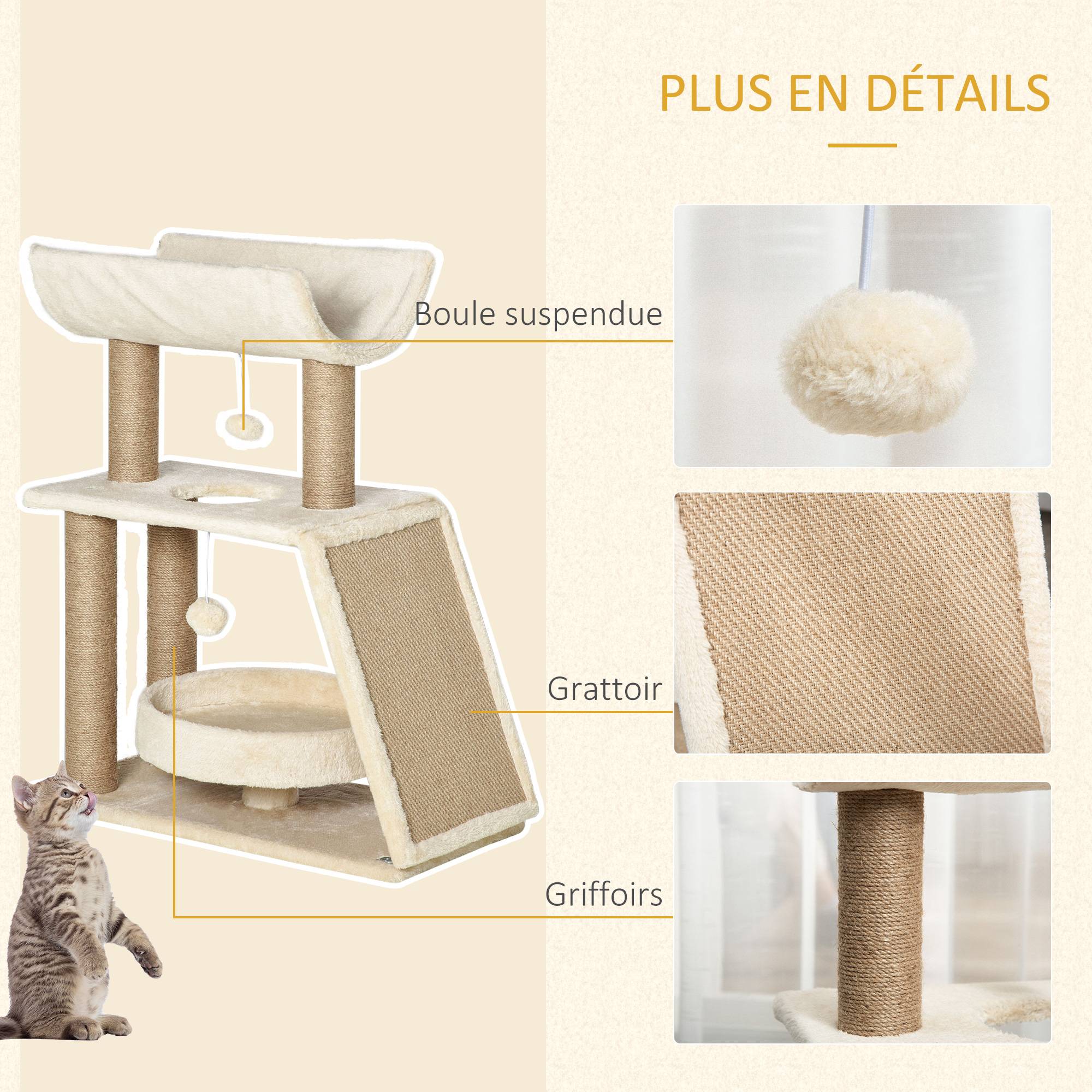 Pawhut - Arbre à chat griffoirs grattoir jeu boules suspendues plateformes ronde, rectangulaire et demi-cylindrique peluche jute naturelle beige - Image 6