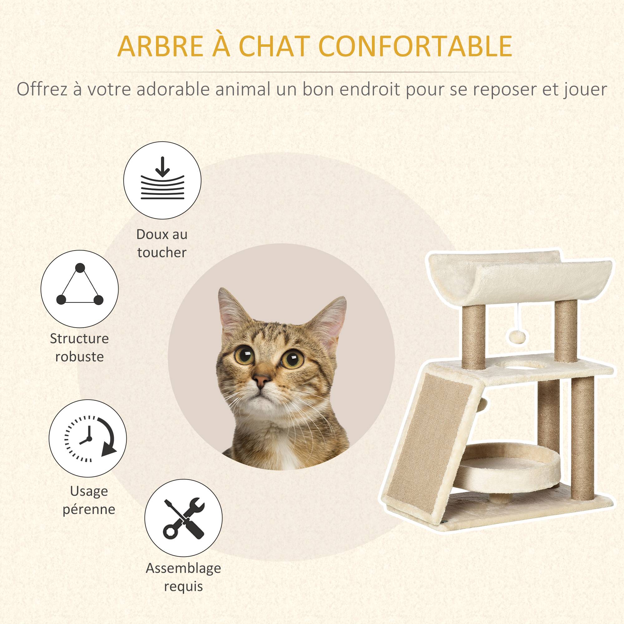 Pawhut - Arbre à chat griffoirs grattoir jeu boules suspendues plateformes ronde, rectangulaire et demi-cylindrique peluche jute naturelle beige - Image 4