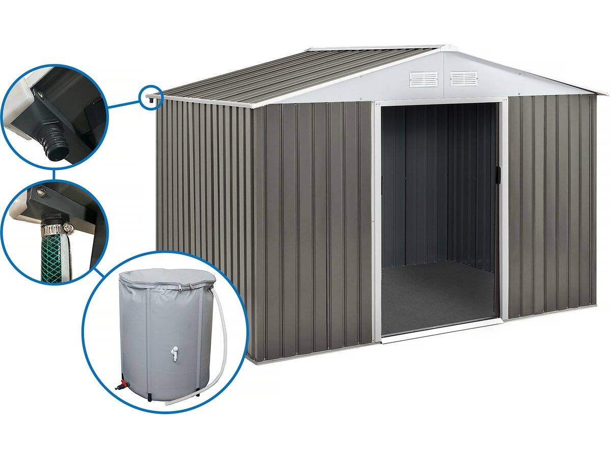 Abri Jardin Métal "dallas"- 8.84m² Avec Gouttière Et Récupérateur D'eau - Taupe -habitat Et Jardin - Image 1
