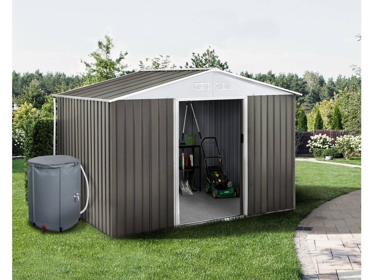 Abri Jardin Métal "dallas"- 8.84m² Avec Gouttière Et Récupérateur D'eau - Taupe -habitat Et Jardin - Image 2
