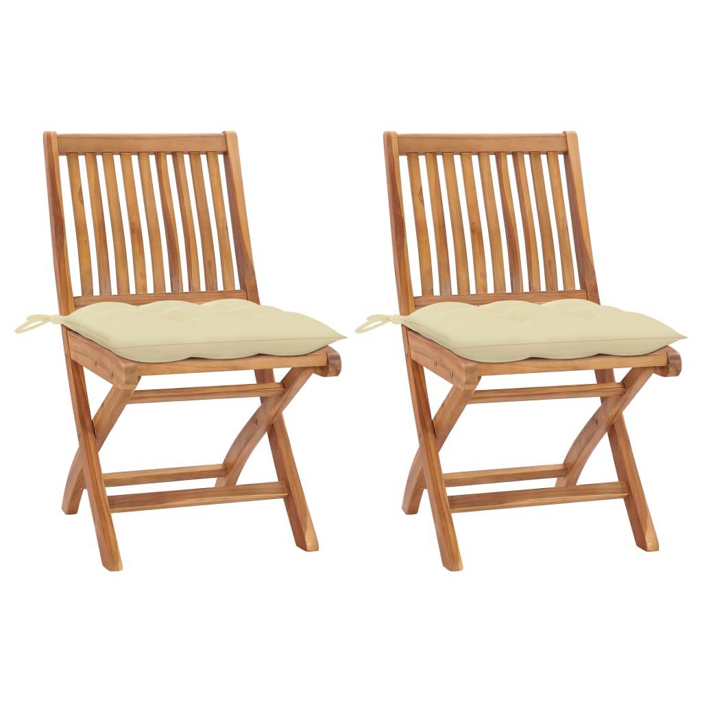Lot de 2 Chaises de jardin et coussins - Chaises d'extérieur - Fauteuils de jardin blanc crème Teck massif - Image 2