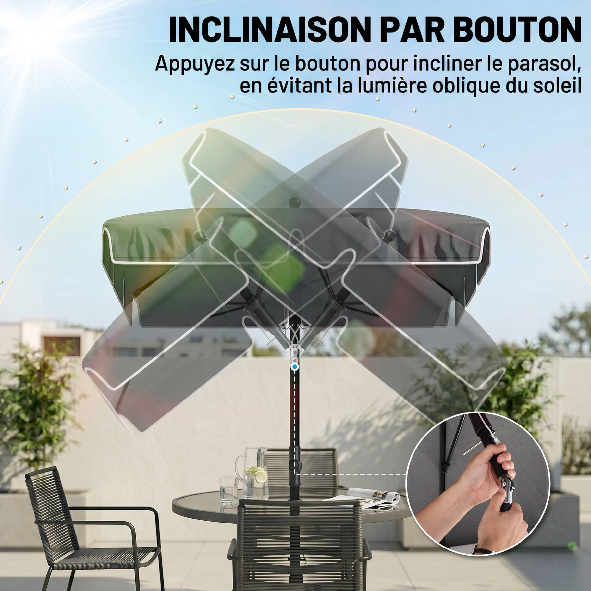 Parasol de jardin Parasol droit rectangulaire inclinable alu métal polyester haute densité 2 x 1,3 m gris - Image 8