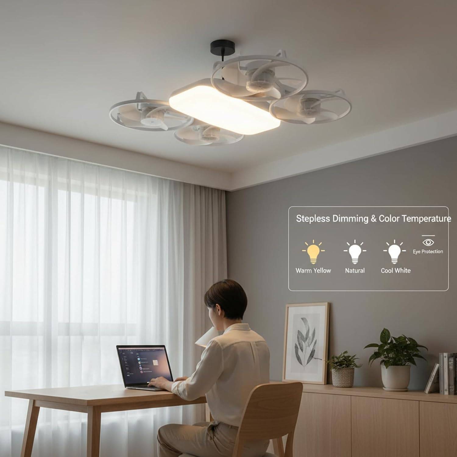 8 in 1 - Ventilateur Plafond LED avec Éclairage 360° Airflow Télécommande Intensité Variable Douille E27 pour Chambre Blanc - Image 2
