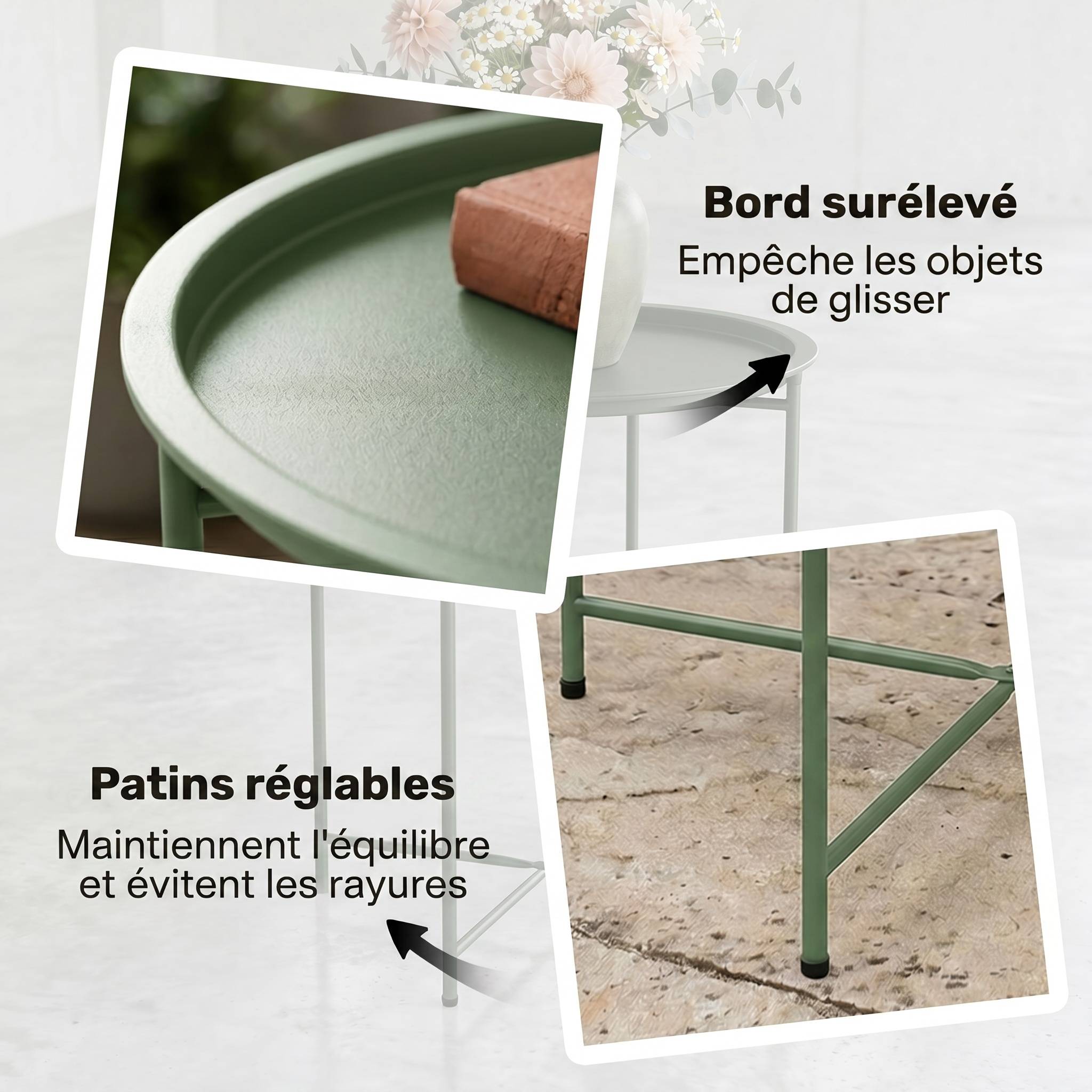 Petite table basse ronde table d'appoint plateau amovible avec bord relevé pieds pliables en acier Ø 46 x 53 cm vert - Image 8