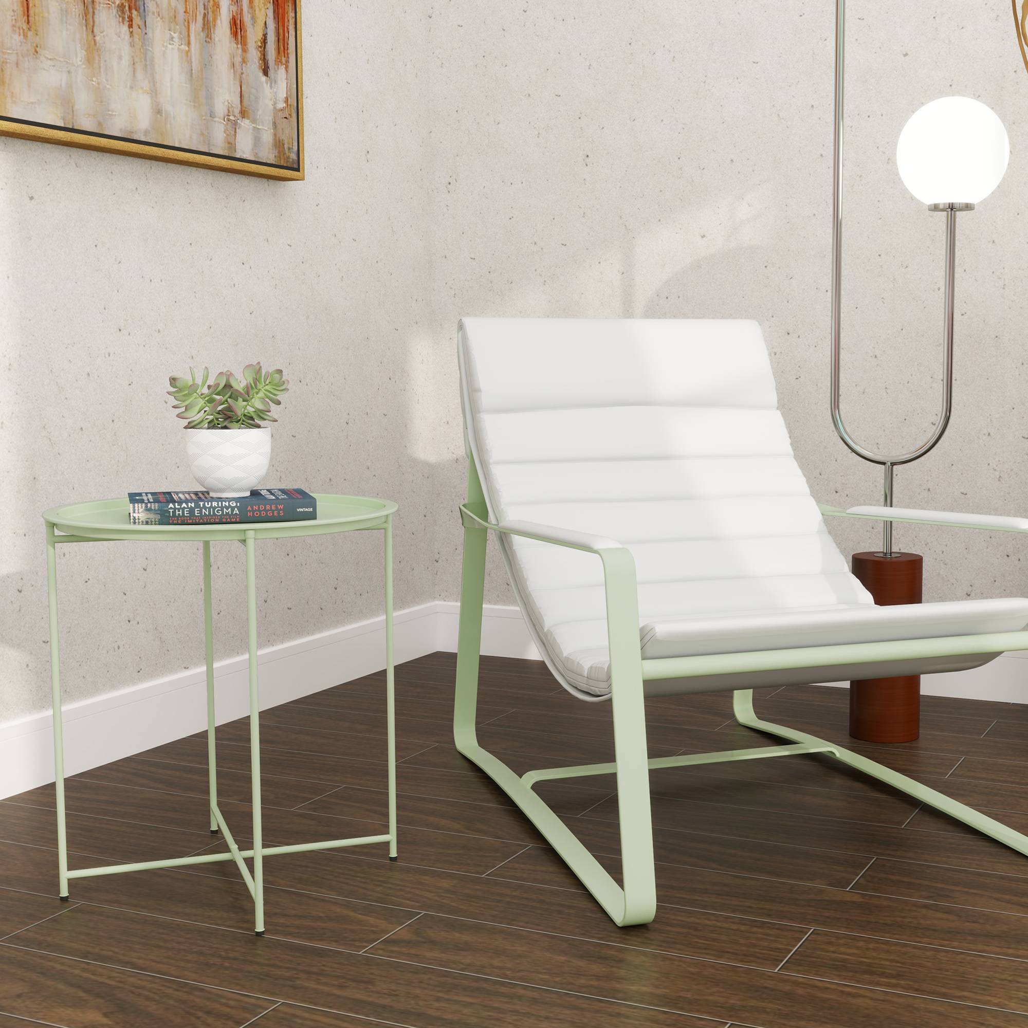 Petite table basse ronde table d'appoint plateau amovible avec bord relevé pieds pliables en acier Ø 46 x 53 cm vert - Image 4