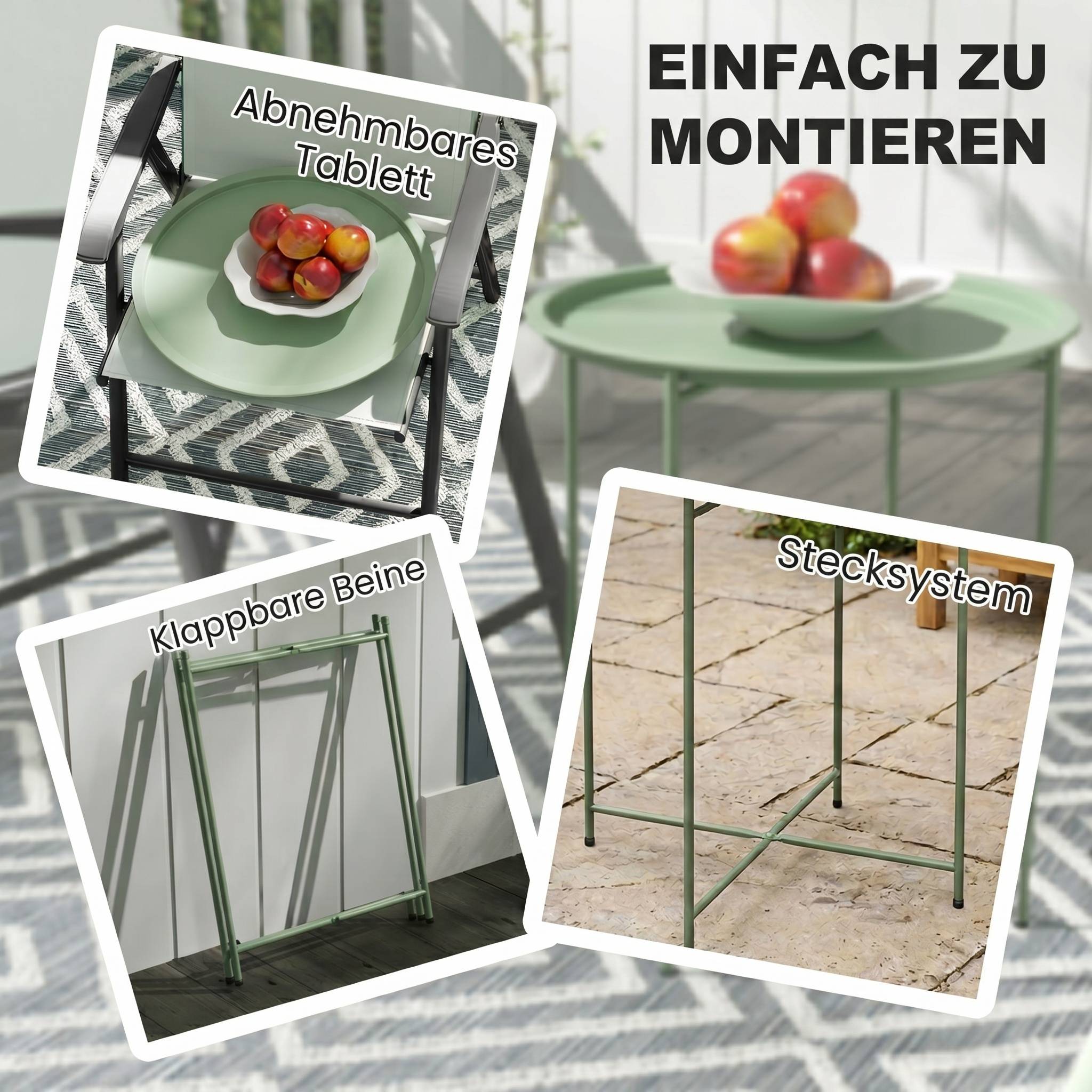 Petite table basse ronde table d'appoint plateau amovible avec bord relevé pieds pliables en acier Ø 46 x 53 cm vert - Image 6