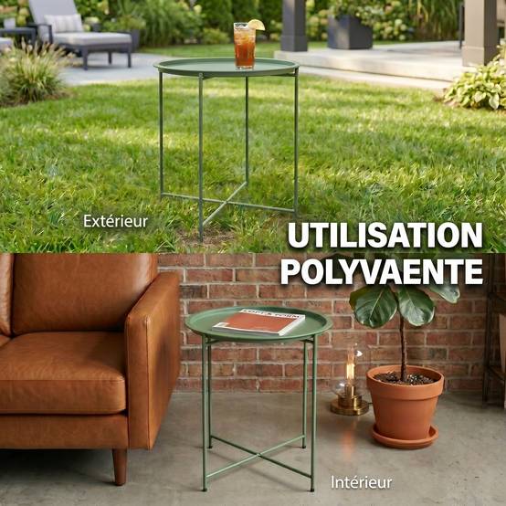 Petite table basse ronde table d'appoint plateau amovible avec bord relevé pieds pliables en acier Ø 46 x 53 cm vert - Image 9