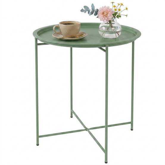 Petite table basse ronde table d'appoint plateau amovible avec bord relevé pieds pliables en acier Ø 46 x 53 cm vert - Image 2