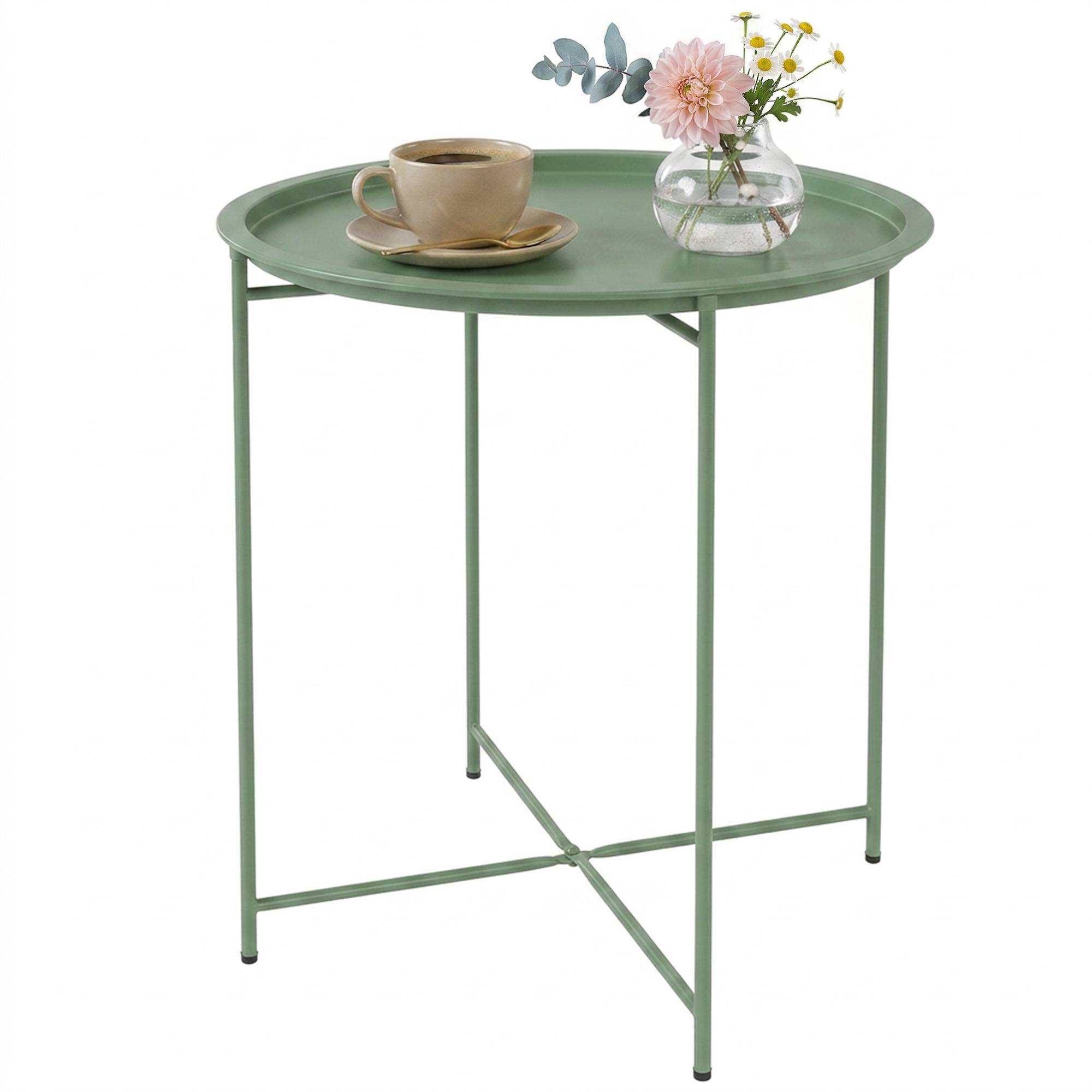 Petite table basse ronde table d'appoint plateau amovible avec bord relevé pieds pliables en acier Ø 46 x 53 cm vert - Image 2