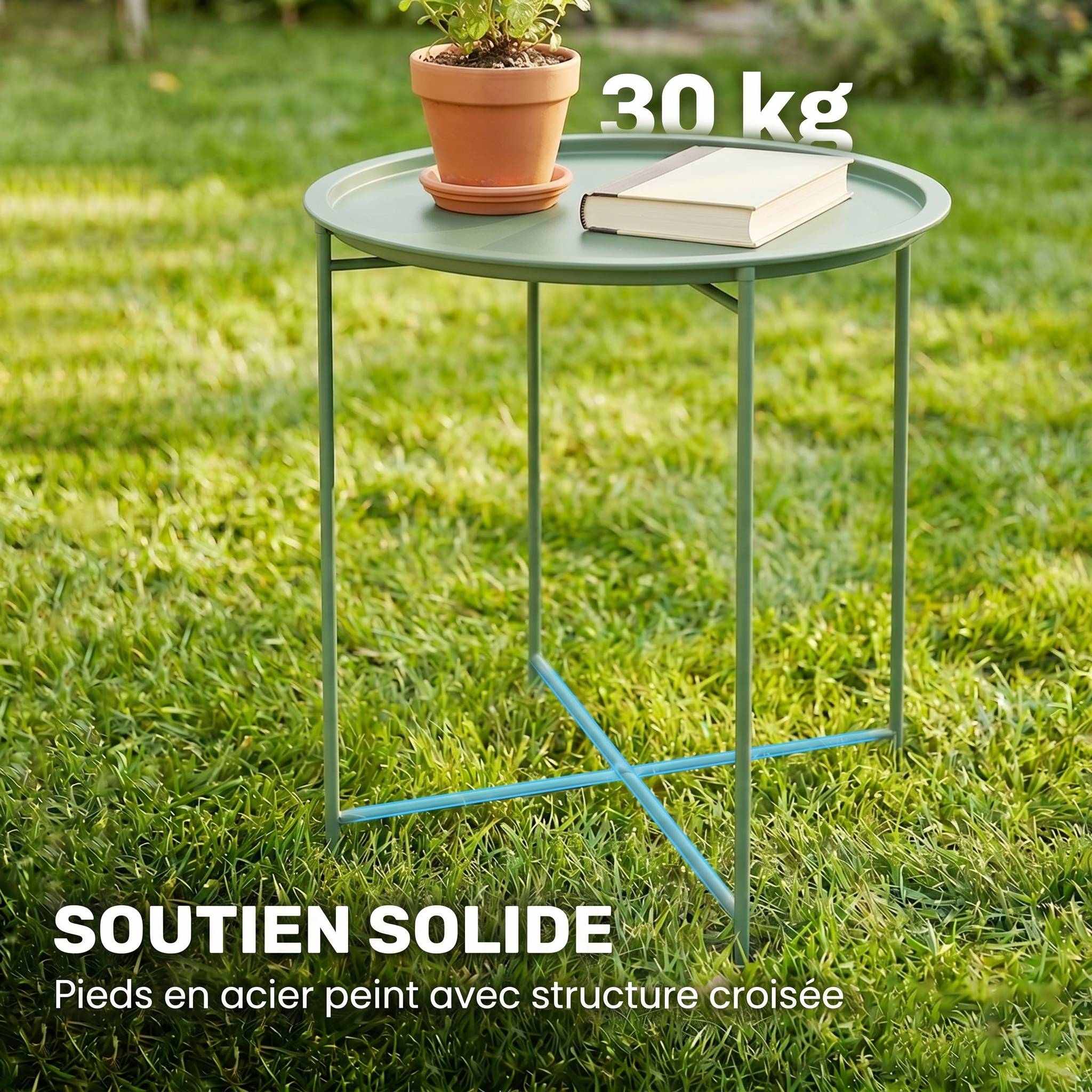 Petite table basse ronde table d'appoint plateau amovible avec bord relevé pieds pliables en acier Ø 46 x 53 cm vert - Image 7