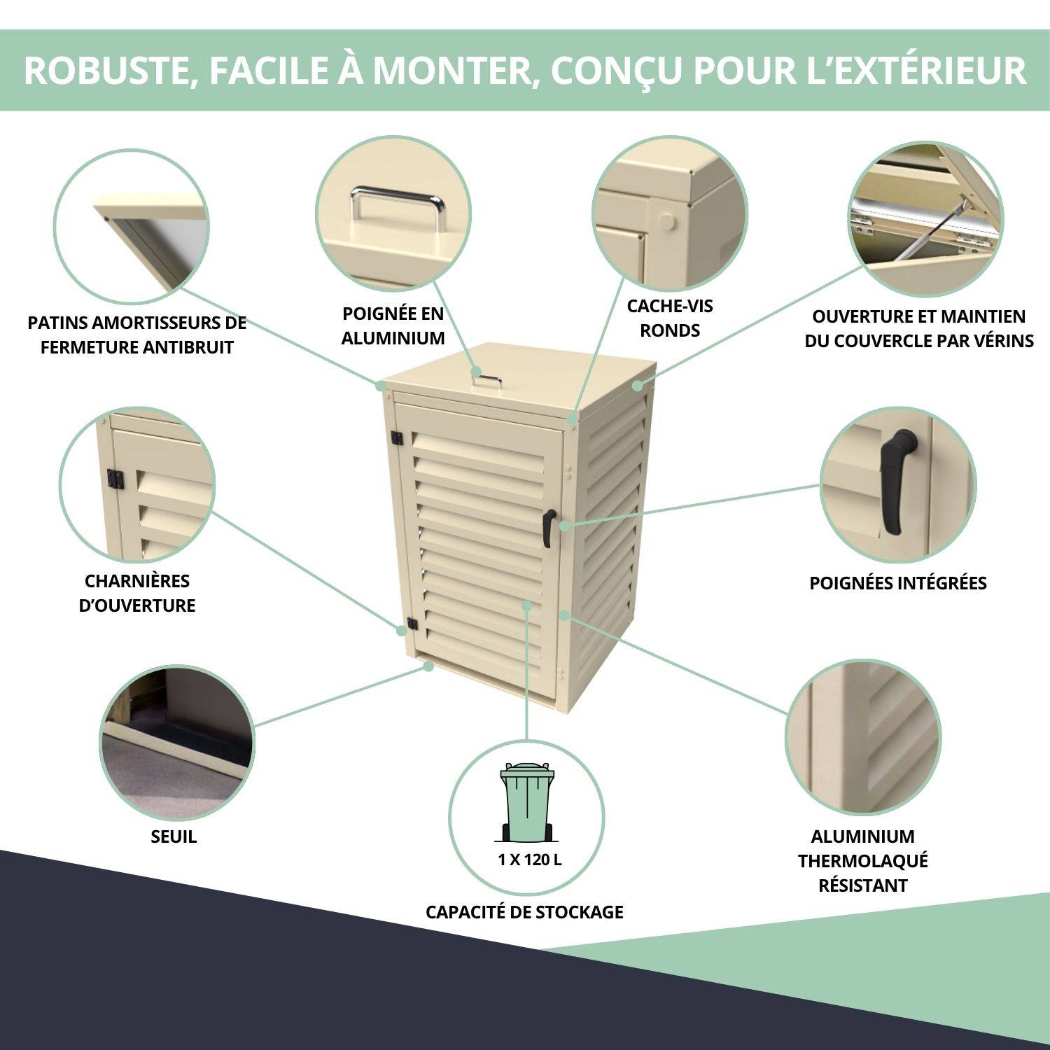 Cache Poubelle Extérieur Simple en Aluminium thermolaqué - Abri pour 1 conteneur 120 Litres – Crème RAL 1015 - Image 5