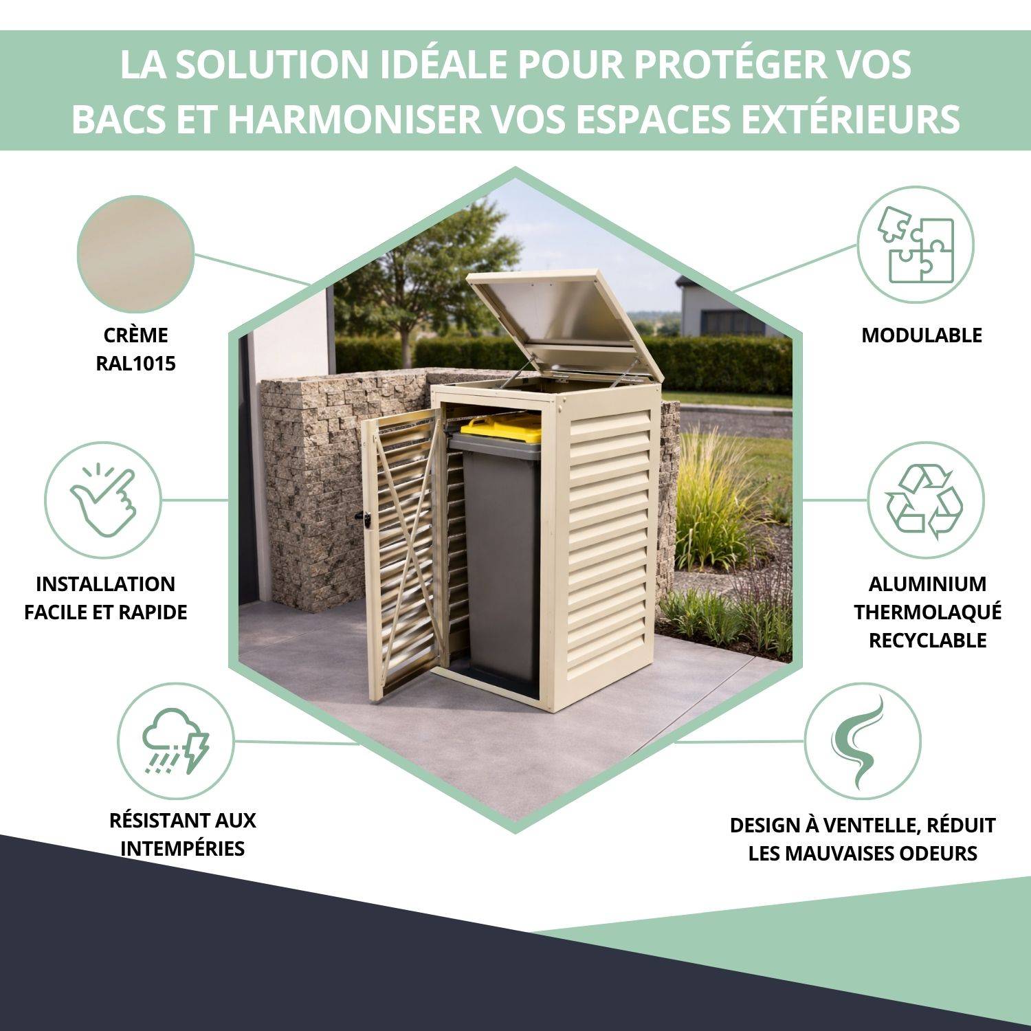 Cache Poubelle Extérieur Simple en Aluminium thermolaqué - Abri pour 1 conteneur 120 Litres – Crème RAL 1015 - Image 2