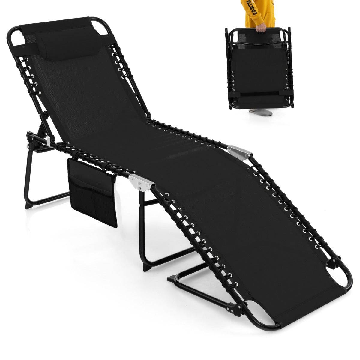 Helloshop26 - Chaise longue pliante avec appuie-tête amovible dossier réglable à 4 positions acier antirouille pour camping terrasse noir - Image 1