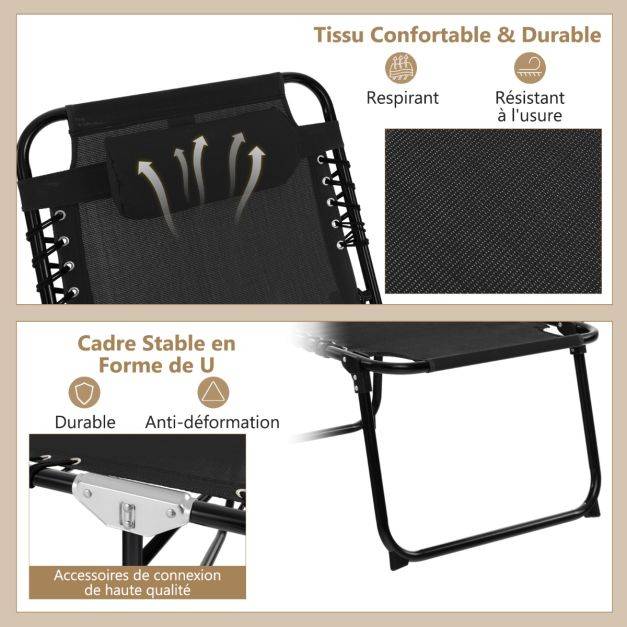 Helloshop26 - Chaise longue pliante avec appuie-tête amovible dossier réglable à 4 positions acier antirouille pour camping terrasse noir - Image 3