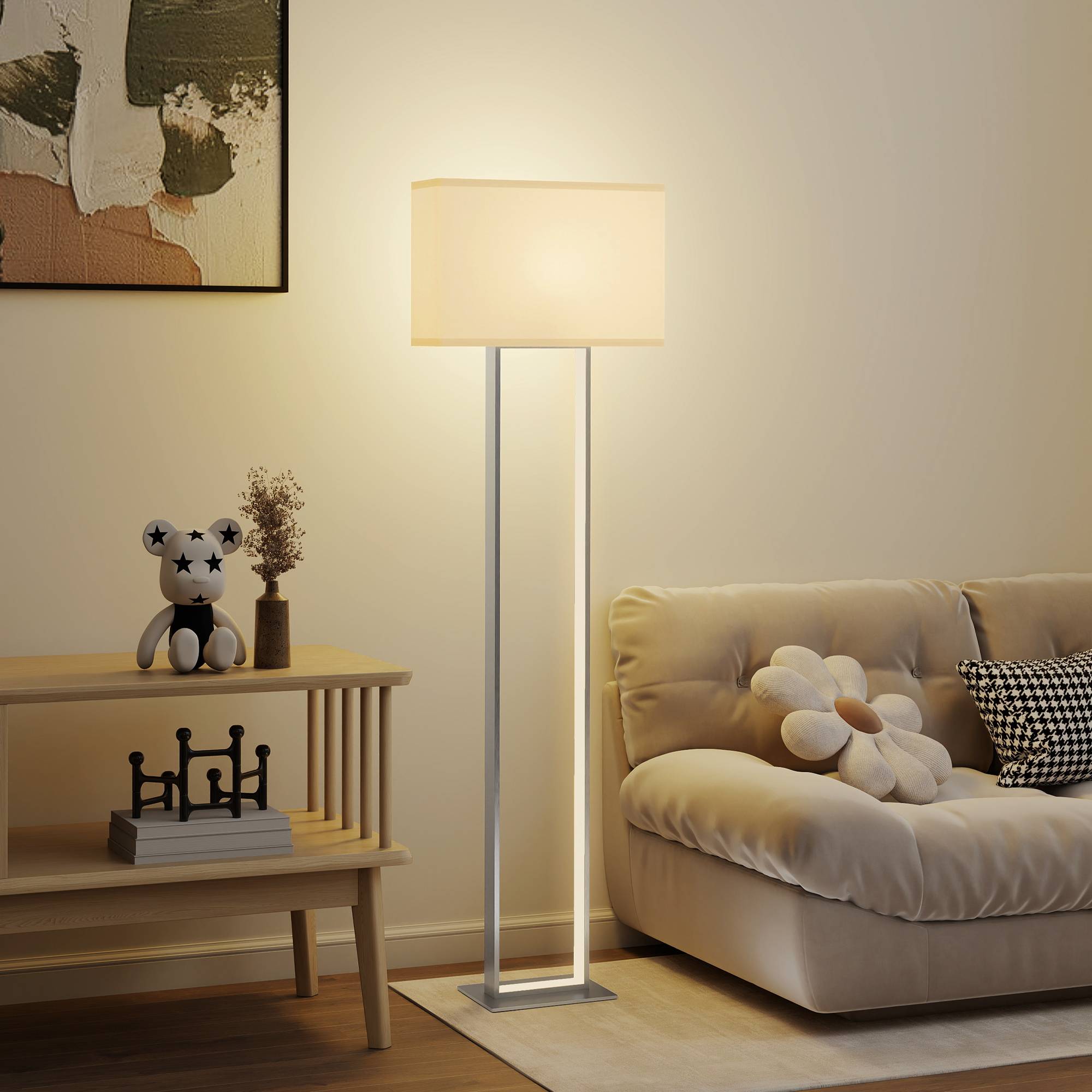Lampadaire salon base métallique blanche 150 cm avec abat-jour tissu veilleuse et interrupteur au pied - Image 10