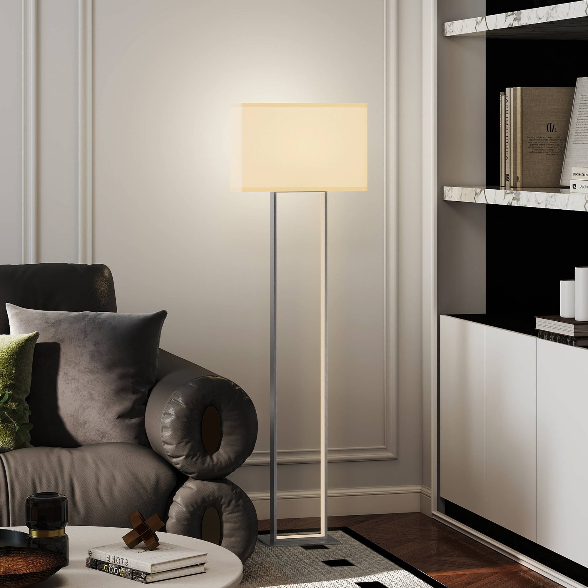 Lampadaire salon base métallique blanche 150 cm avec abat-jour tissu veilleuse et interrupteur au pied - Image 4