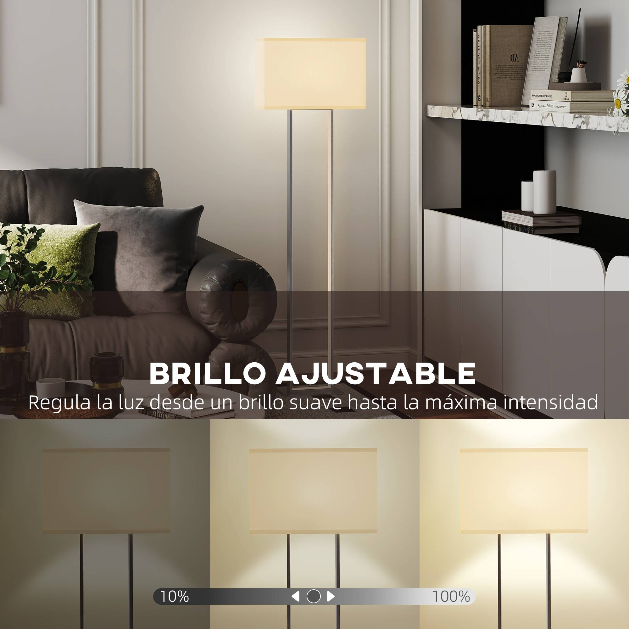 Lampadaire salon base métallique blanche 150 cm avec abat-jour tissu veilleuse et interrupteur au pied - Image 8