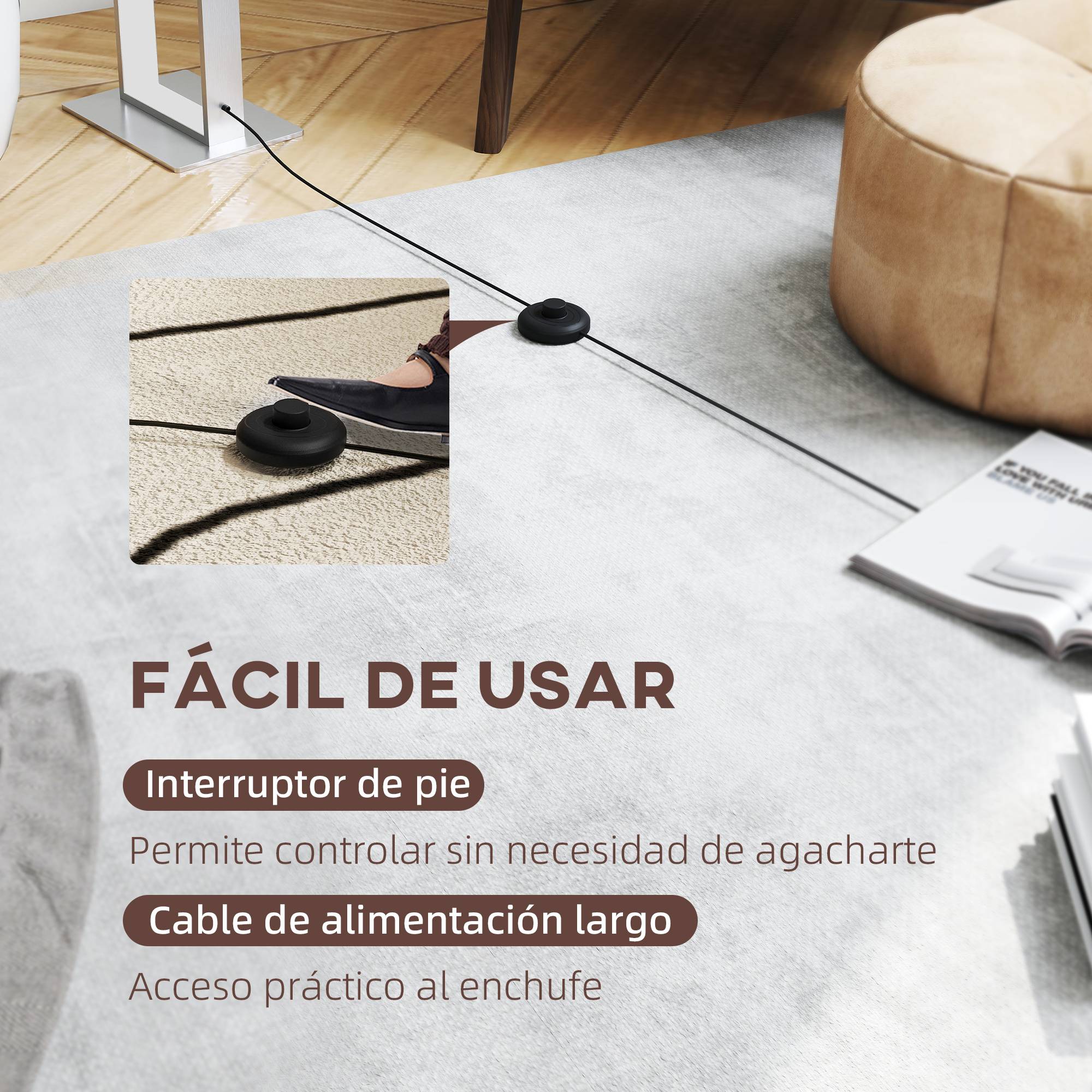 Lampadaire salon base métallique blanche 150 cm avec abat-jour tissu veilleuse et interrupteur au pied - Image 9