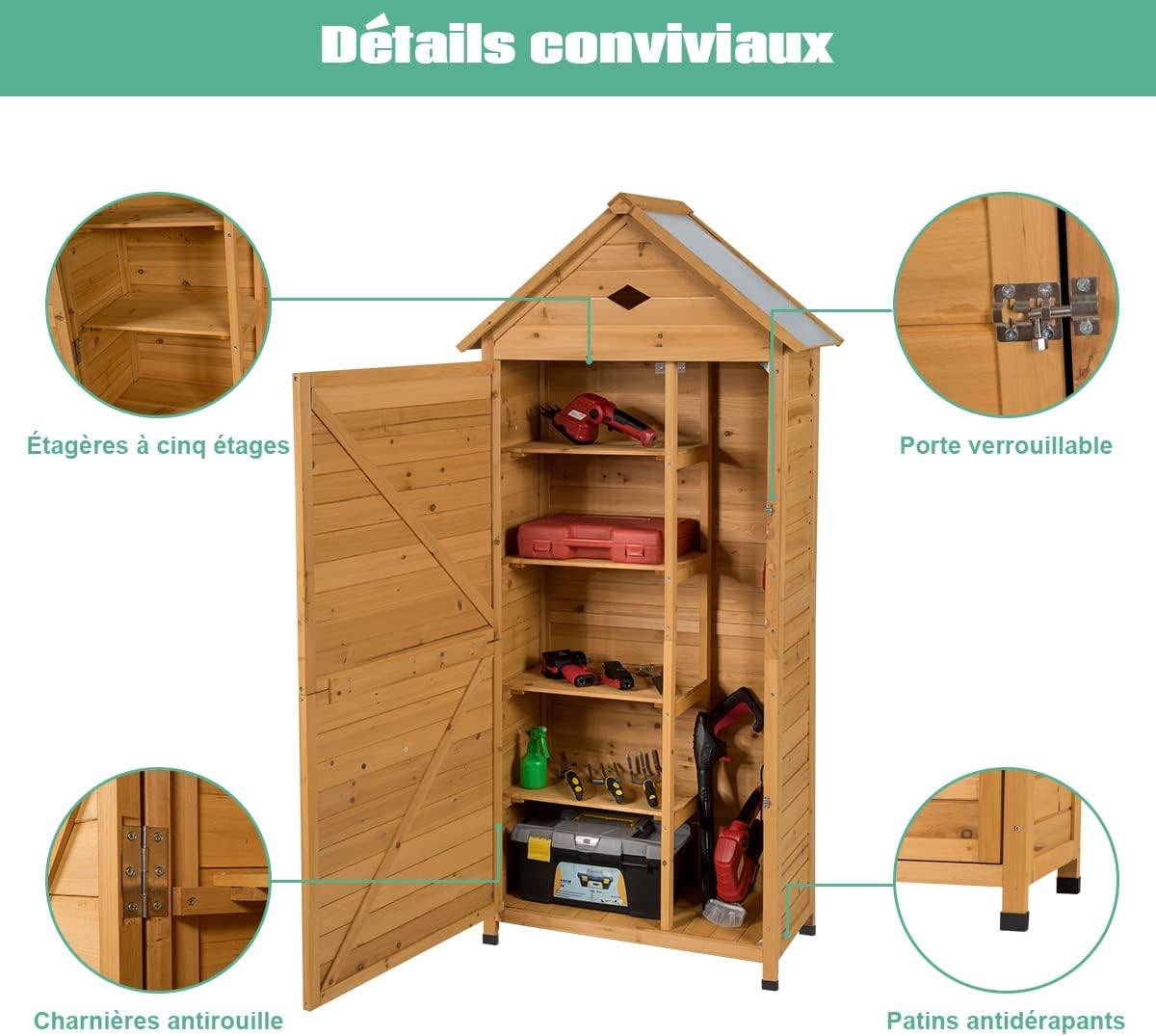 Armoire abri de jardin remise pour outils avec 5 etagères 70 x 35,5 x 176 cm avec tôle galvanisé - Image 3