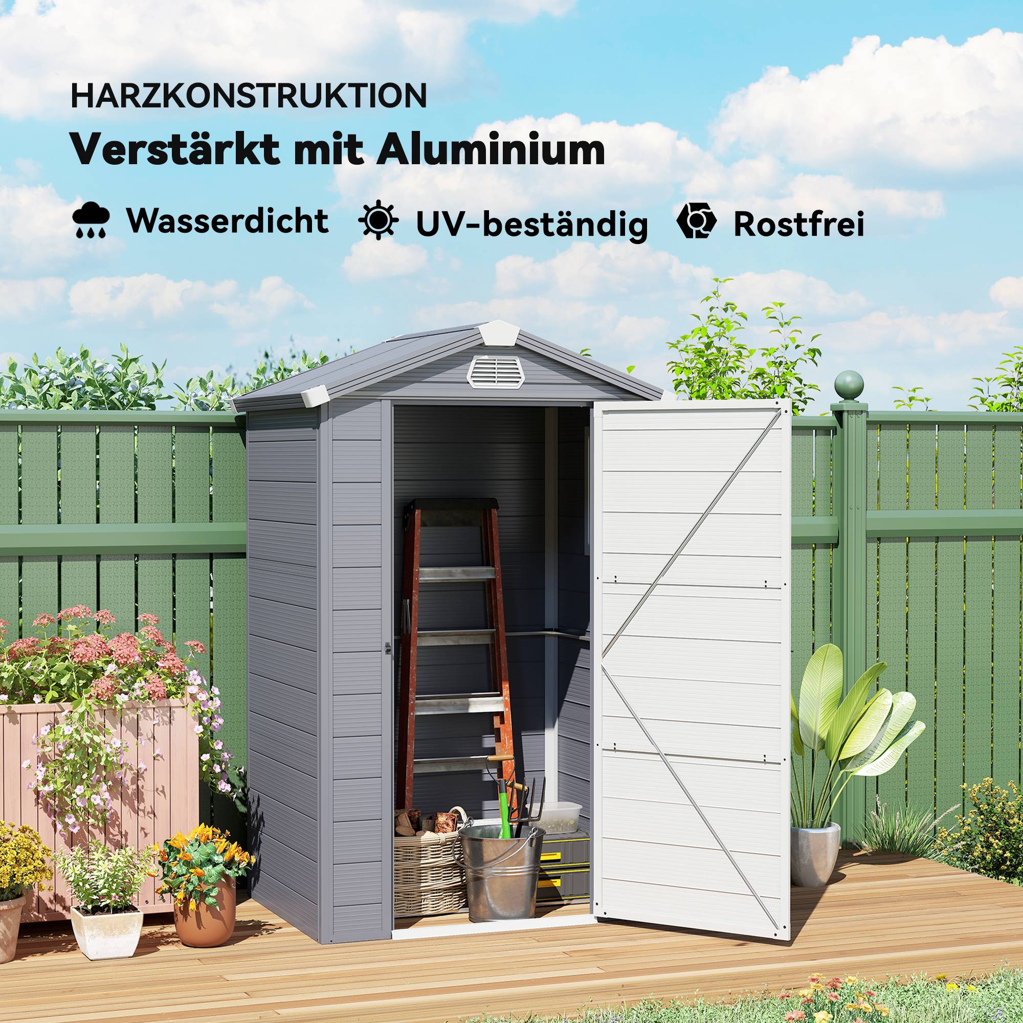 ComfortXL - Abri de jardin en plastique et aluminium 133 x 102 x 208 cm gris foncé rangement extérieur avec fondation - Image 6