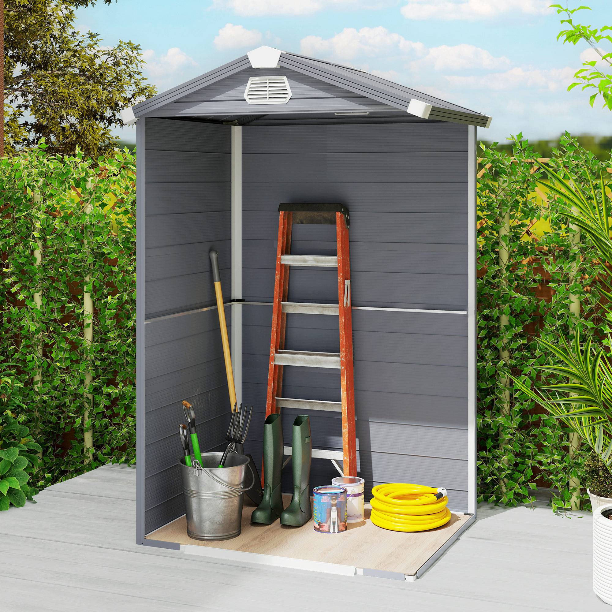 ComfortXL - Abri de jardin en plastique et aluminium 133 x 102 x 208 cm gris foncé rangement extérieur avec fondation - Image 10