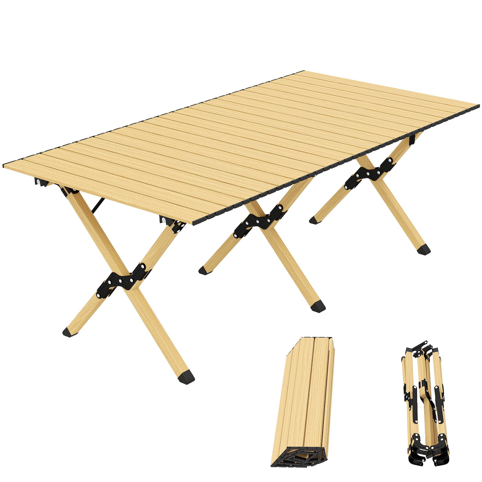 Table camping pliante aluminium plateau enroulable aspect bois chêne extérieur 117x60x44 - ComfortXL Outdoor Living - Image 1