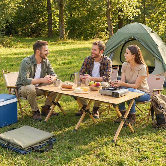 Table camping pliante aluminium plateau enroulable aspect bois chêne extérieur 117x60x44 - ComfortXL Outdoor Living - Image 4