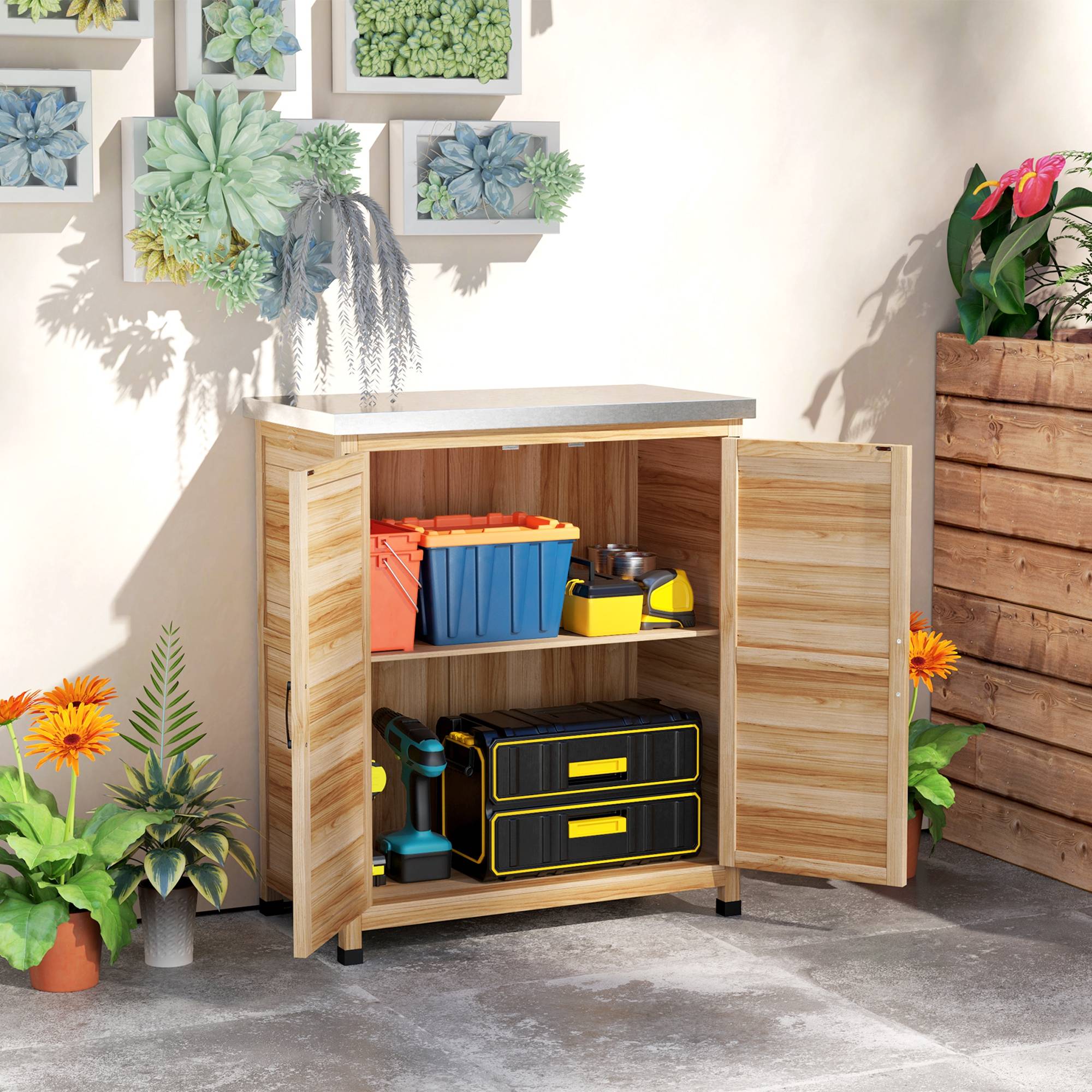 ComfortXL - Armoire de jardin en bois de sapin 79 x 43 x 92 cm naturel plateau galvanisé double porte pour rempotage - Image 1