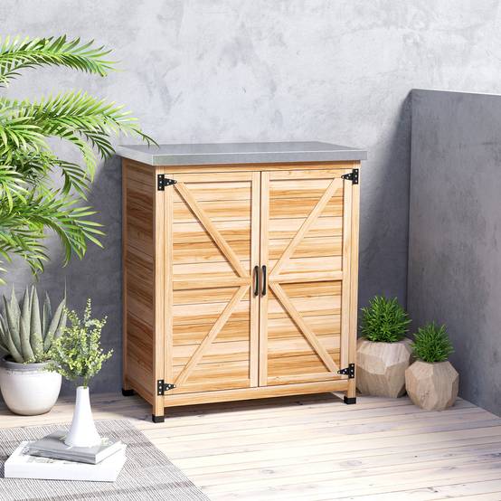 ComfortXL - Armoire de jardin en bois de sapin 79 x 43 x 92 cm naturel plateau galvanisé double porte pour rempotage - Image 8