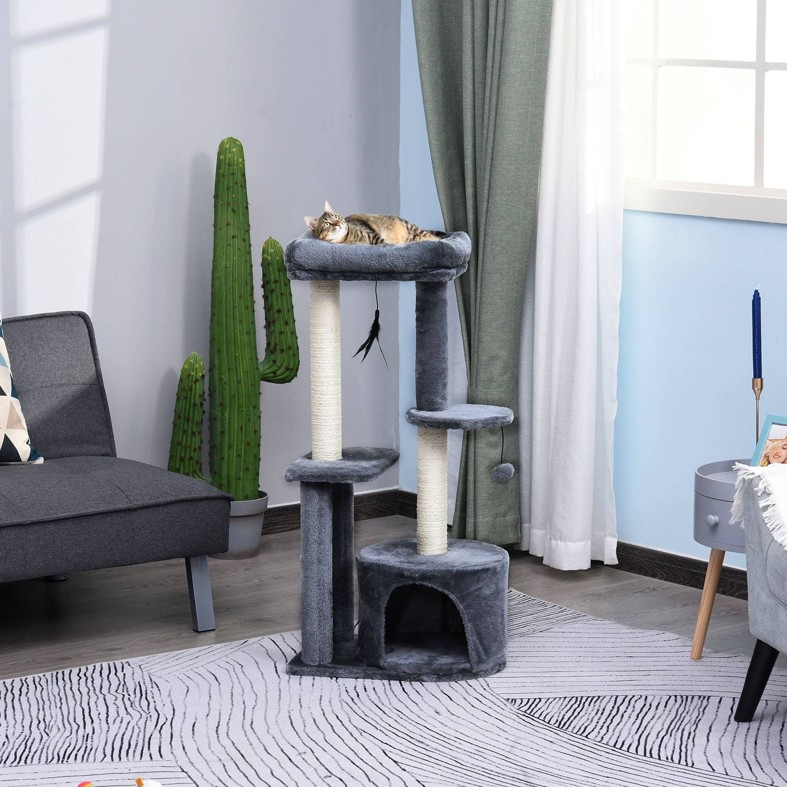 ComfortXL - Arbre à chat bois gris 48 x 35 x 100 cm intérieur avec sisal niche plateformes jouets - ComfortXL Outdoor Living - Image 2