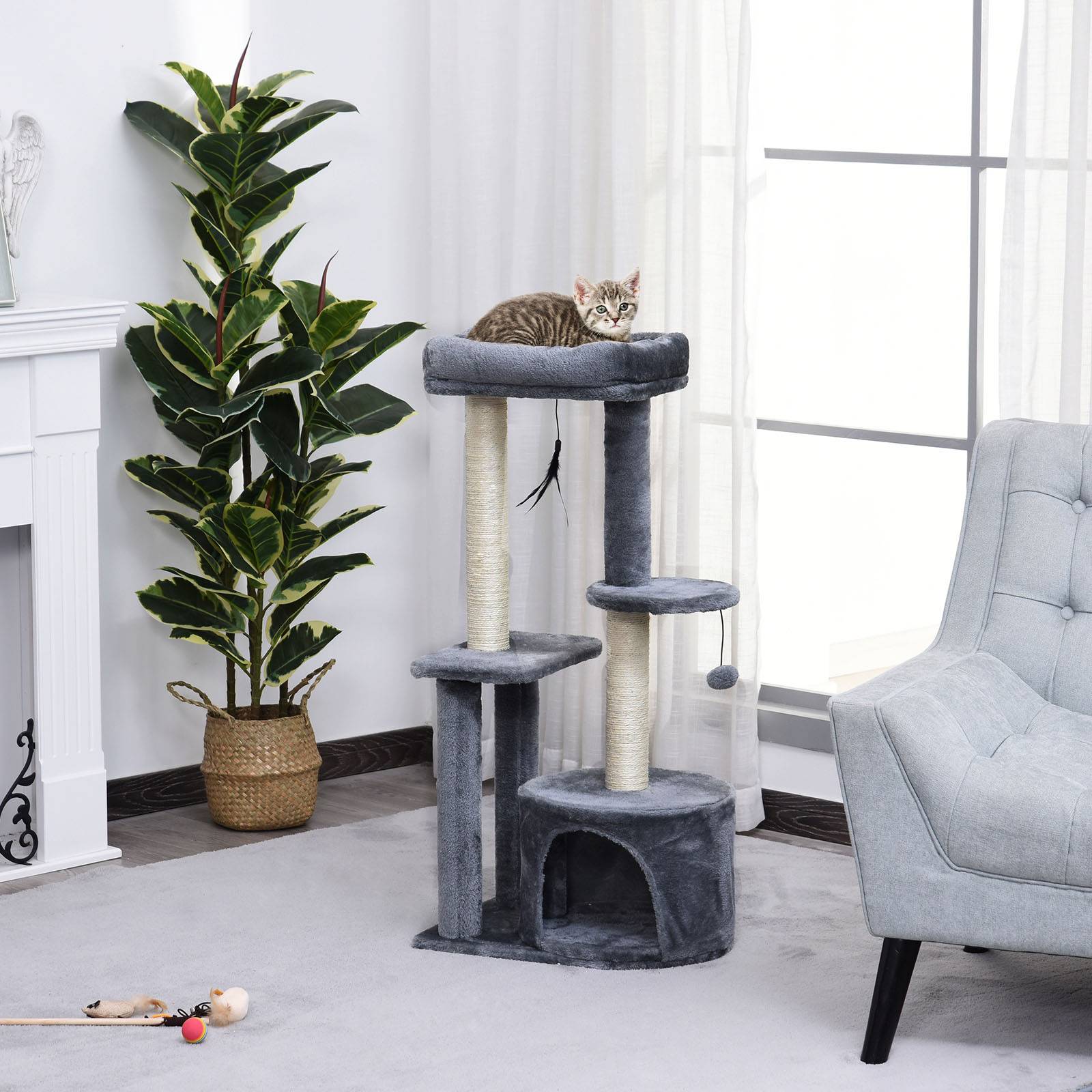 ComfortXL - Arbre à chat bois gris 48 x 35 x 100 cm intérieur avec sisal niche plateformes jouets - ComfortXL Outdoor Living - Image 3