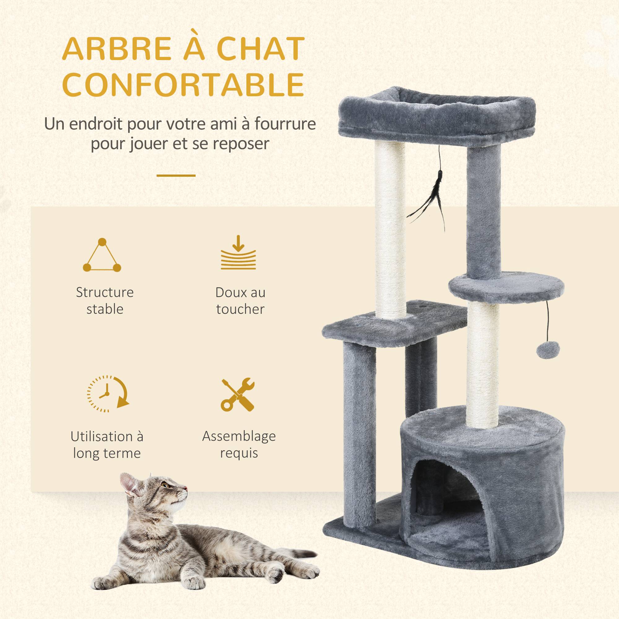 ComfortXL - Arbre à chat bois gris 48 x 35 x 100 cm intérieur avec sisal niche plateformes jouets - ComfortXL Outdoor Living - Image 7
