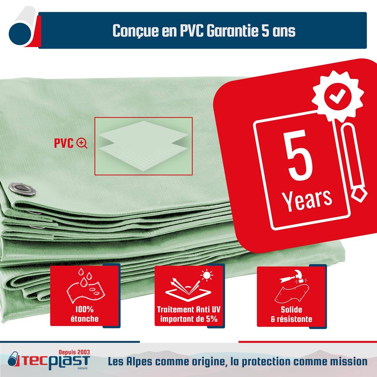 Bâche Bois 2,5x3 m LP506BO Vert Sauge - Garantie 5 ans - Bâche de protection étanche en PVC pour Bois de chauffage TECPLAST - Image 3