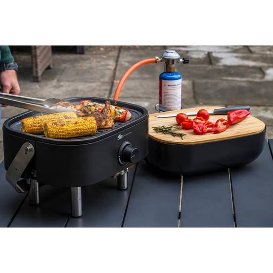 Barbecue à Gaz Portable Compact 2,7kW Grille en Fonte Mini Barbecue de Table Noir Planche à Découper Bois 2 à 4 Personnes Sahara - Image 5