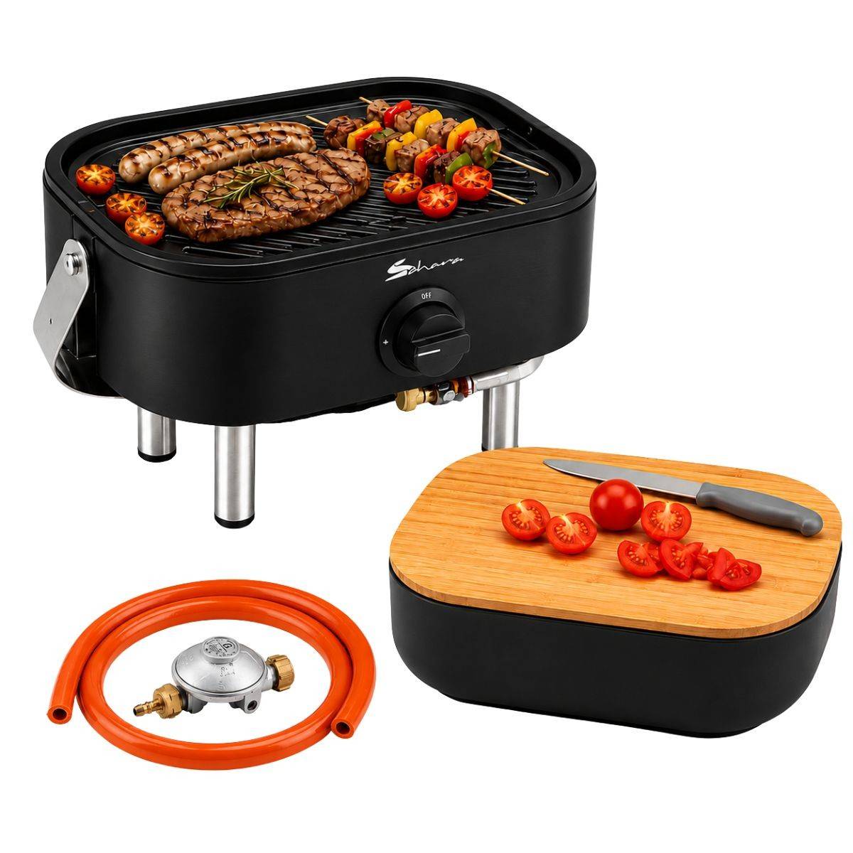 Barbecue à Gaz Portable Compact 2,7kW Grille en Fonte Mini Barbecue de Table Noir Planche à Découper Bois 2 à 4 Personnes Sahara - Image 1