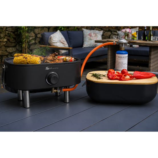 Barbecue à Gaz Portable Compact 2,7kW Grille en Fonte Mini Barbecue de Table Noir Planche à Découper Bois 2 à 4 Personnes Sahara - Image 6