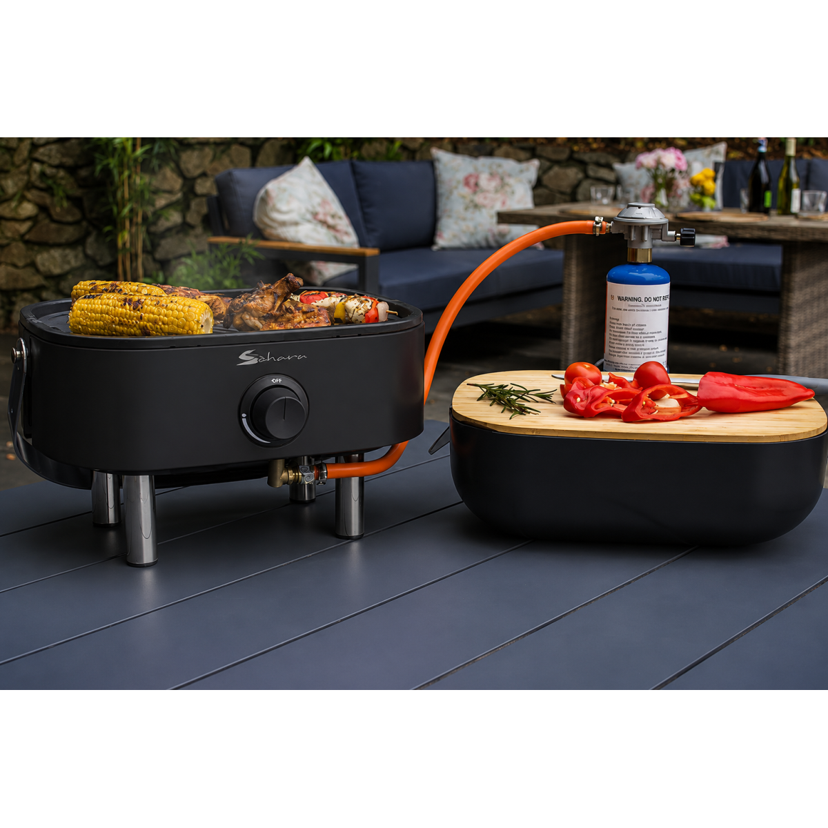 Barbecue à Gaz Portable Compact 2,7kW Grille en Fonte Mini Barbecue de Table Noir Planche à Découper Bois 2 à 4 Personnes Sahara - Image 6