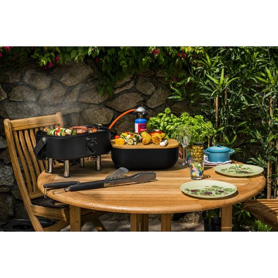 Barbecue à Gaz Portable Compact 2,7kW Grille en Fonte Mini Barbecue de Table Noir Planche à Découper Bois 2 à 4 Personnes Sahara - Image 4