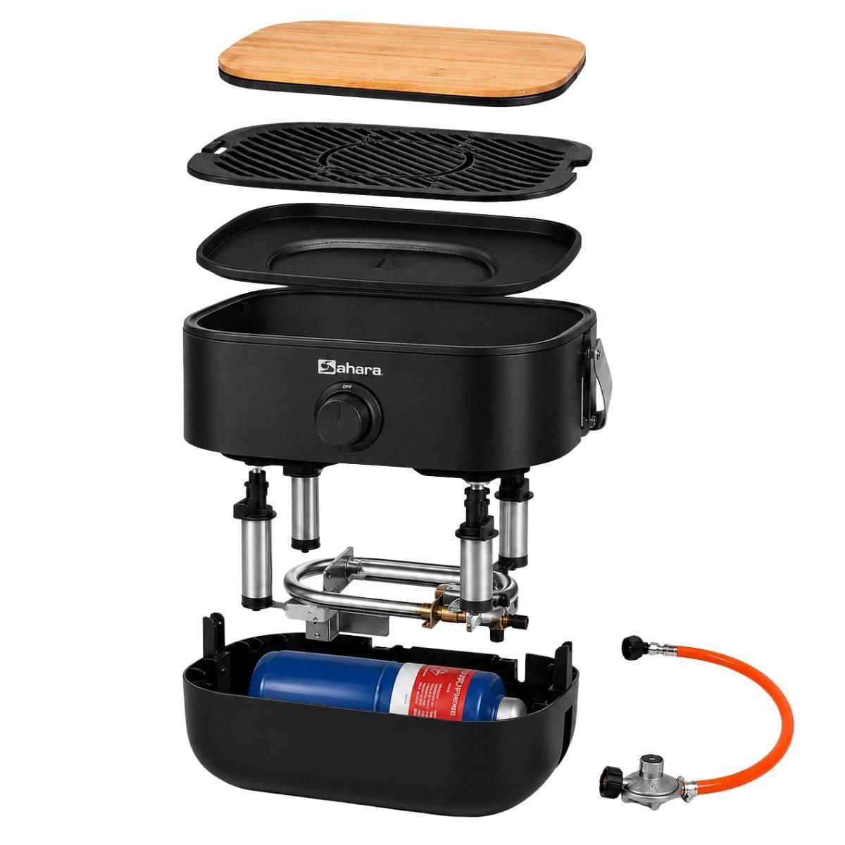 Barbecue à Gaz Portable Compact 2,7kW Grille en Fonte Mini Barbecue de Table Noir Planche à Découper Bois 2 à 4 Personnes Sahara - Image 2