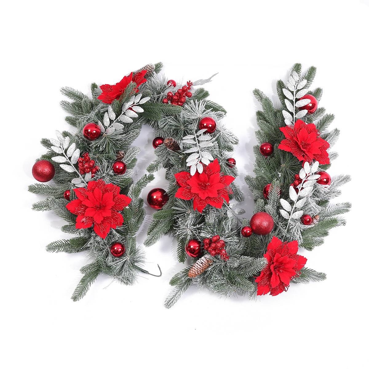Couronne de décoration de Noël de 1,8m, couronne imitation pin, peut être suspendue, avec des baies rouges, convient pour la porte d'entrée, le jardin - Image 5