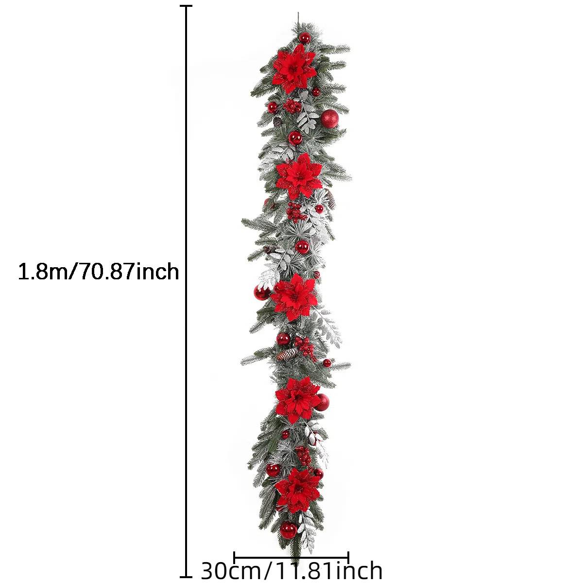 Couronne de décoration de Noël de 1,8m, couronne imitation pin, peut être suspendue, avec des baies rouges, convient pour la porte d'entrée, le jardin - Image 2