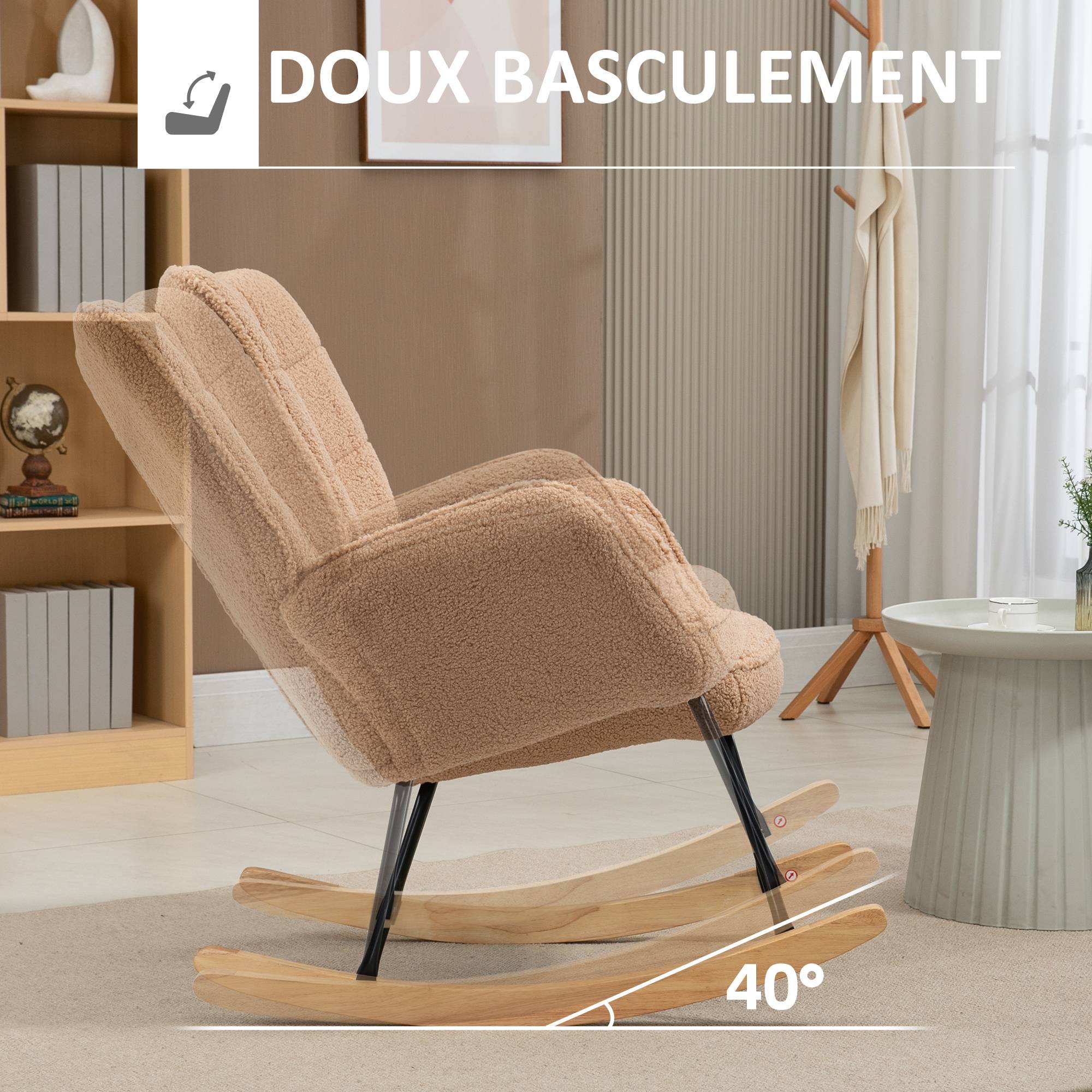 Sans Marque - Fauteuil à bascule rocking chair revêtement effet laine bouclée, structure en acier 71 x 98 x 101 cm marron - Image 6