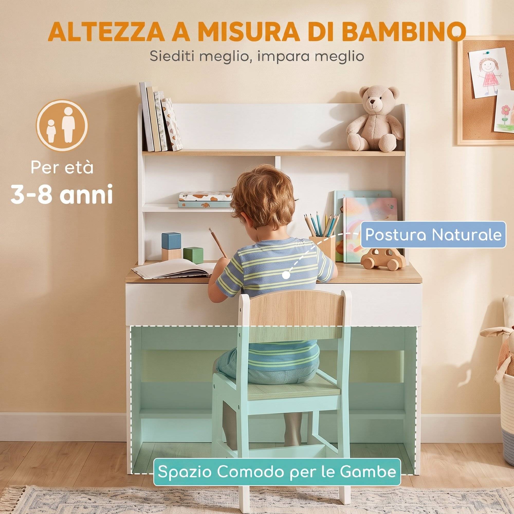 Bureau enfant avec étagères, tiroir, table enfant 3-8 ans, bois pour chambre, blanc - Image 9