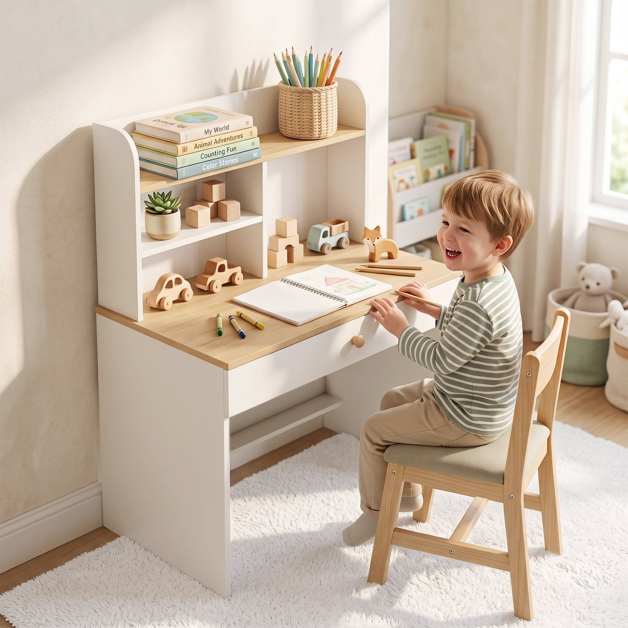 Bureau enfant avec étagères, tiroir, table enfant 3-8 ans, bois pour chambre, blanc - Image 4