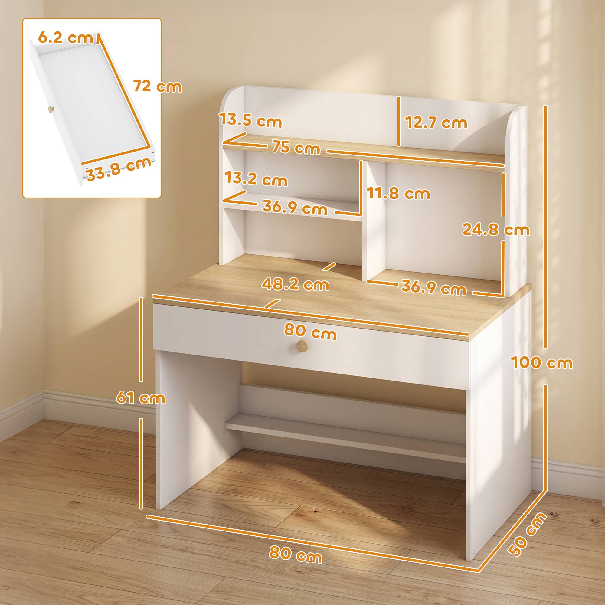 Bureau enfant avec étagères, tiroir, table enfant 3-8 ans, bois pour chambre, blanc - Image 5