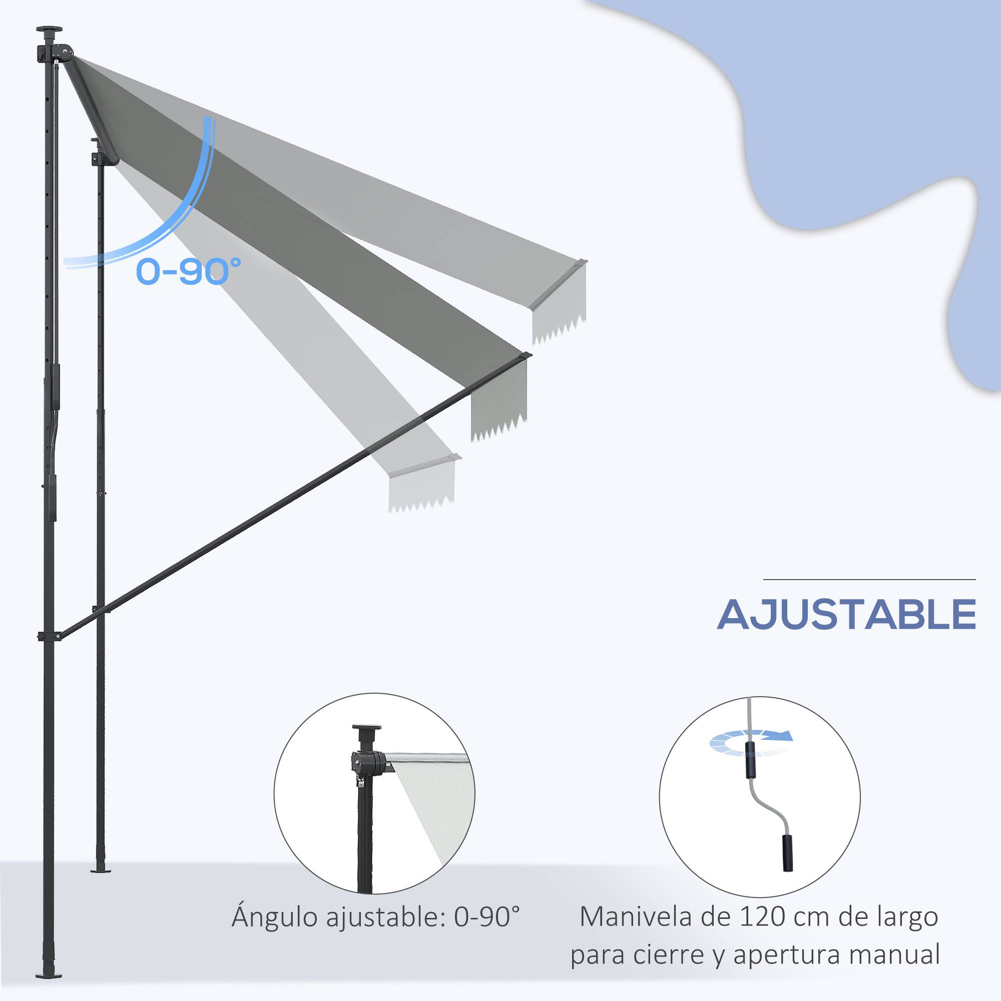 Store banne rétractable manuelle 200 x 175 x 210-310 cm, réglable par manivelle, protection solaire UV40+, gris, pour balcon et terrasse - Image 7