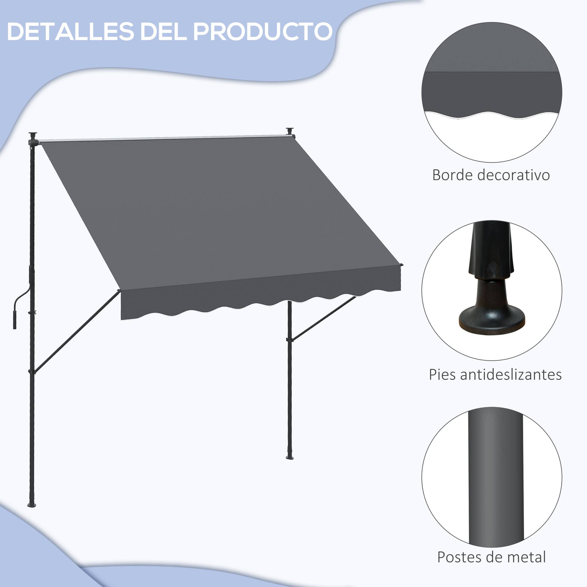 Store banne rétractable manuelle 200 x 175 x 210-310 cm, réglable par manivelle, protection solaire UV40+, gris, pour balcon et terrasse - Image 9