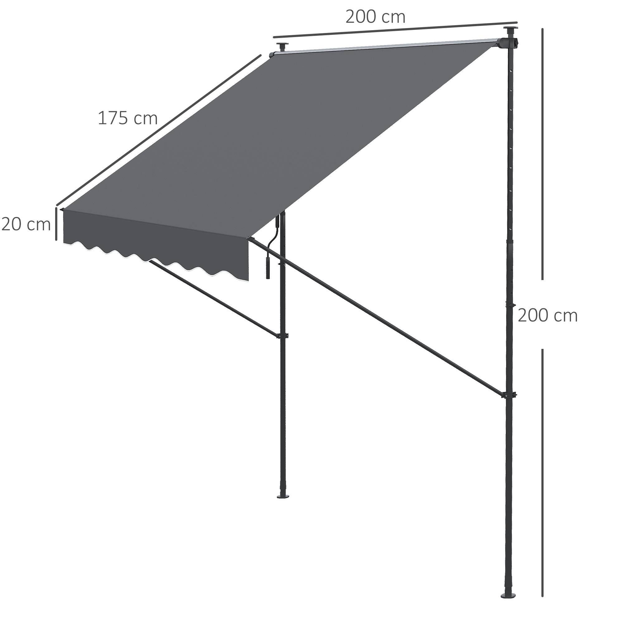 Store banne rétractable manuelle 200 x 175 x 210-310 cm, réglable par manivelle, protection solaire UV40+, gris, pour balcon et terrasse - Image 5