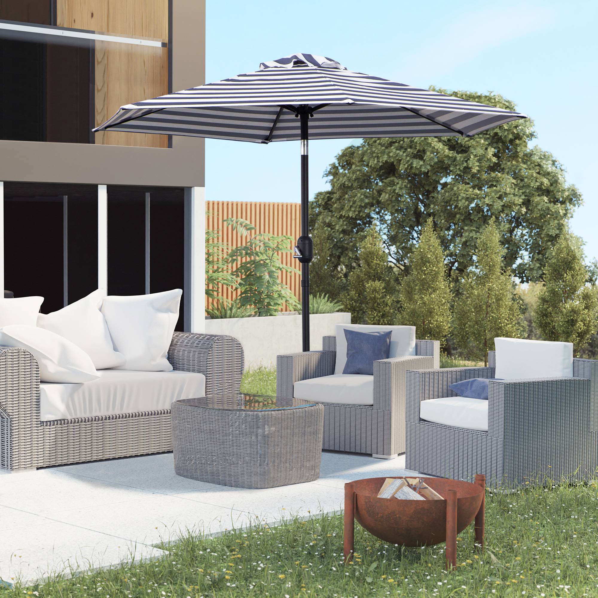 Parasol bleu et blanc Ø230x216 cm avec angle réglable et toile imperméable, parasol balcon terrasse extérieur - Image 4